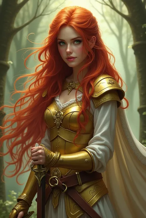  spelling for a picture :

 A beautiful ,  realistic-looking fantasy portrait of a girl With long, flowing red hair and beautiful green eyes .  She is wearing a fighting costume in gold , That is provided with details .  She is holding a powerful sword in ...