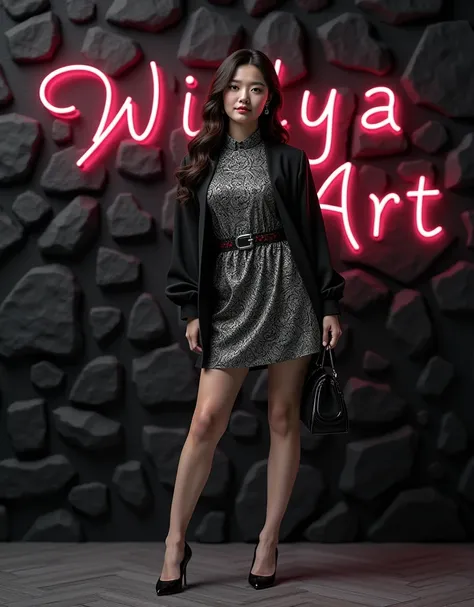 Beautiful Korean girl 25 years old, slightly fat body, wearing a short Javanese batik dress in black silver, and black shoes, standing posing like an ootd model, with a black background of a 3D design wall, behind there is a 4D view that blends with the wa...