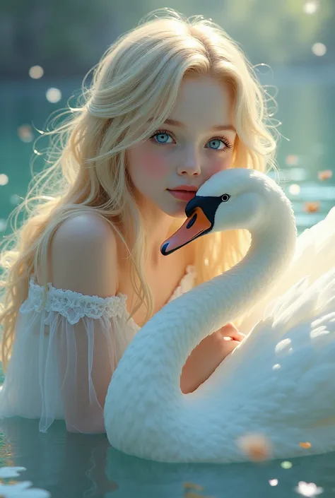 a beautiful girl with long blond hair, piercing blue eyes, a white swan, anime style, 