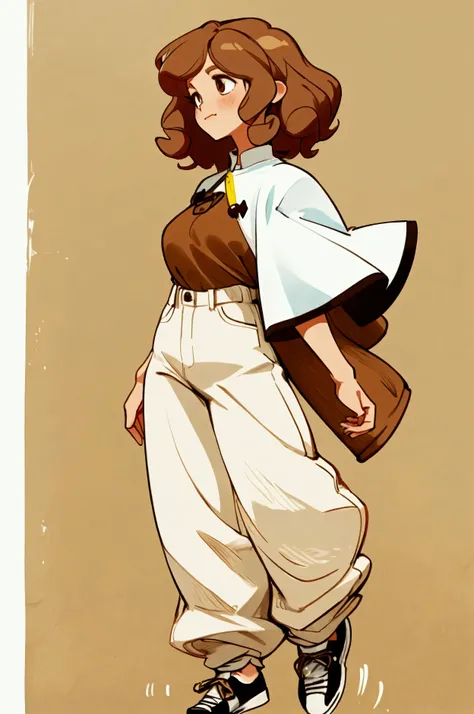 A middle-aged white woman with light brown curls .  Her clothes are a light shirt with short sleeves covered with a white cape with brown details.  Her pants are brown jeans accompanied by black sneakers 