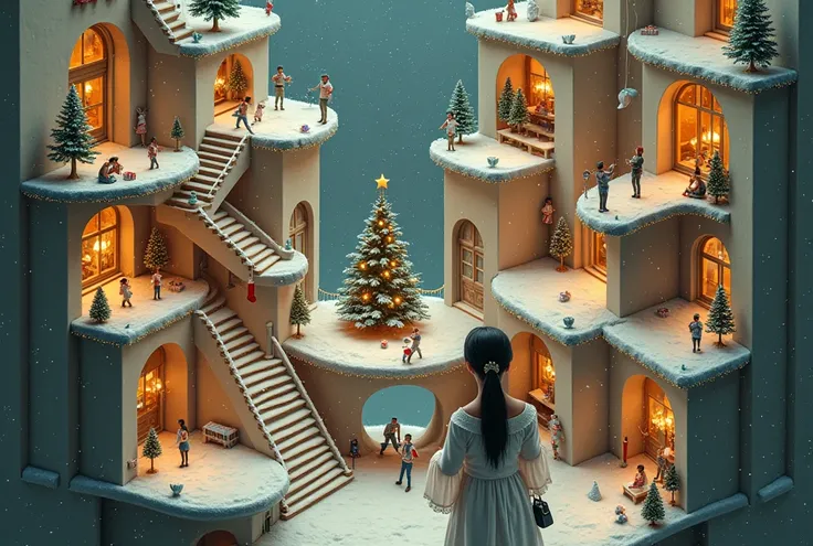 cowboy shot, (black wings:1.2), very long hair, side ponytail, choker, holding, off shoulder, (white dress:1.3), white jacket,halo,A mesmerizing, Escher-inspired artwork of a Christmas-themed impossible building. The structure features interconnected stair...