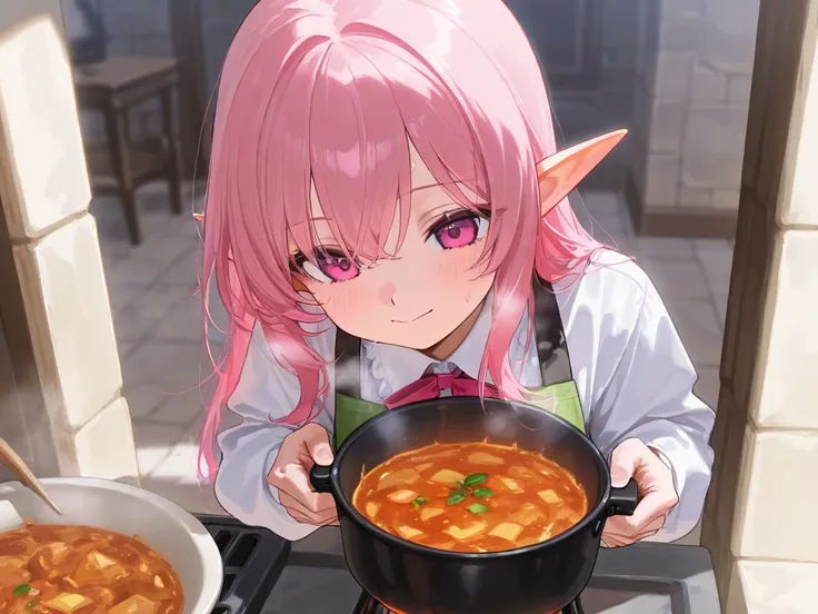 Fantasy A sexy elf with pink hair is cooking food
