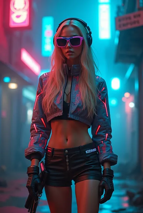 A beautiful blonde woman ,  slender and well-proportioned .,  A colorful electronic short jacket .,  Clothes with luminous organs that glow with an electronic circuit pattern., topless,  Glasses showing a frameless user interface ,  gaming-style helmet ,  ...