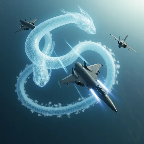 Realistic, theme is "rapid descent", a dogfight between the latest stealth jet fighters, they dive rapidly and prepare for attack, the aircraft is beautifully painted in grey stealth paint, pale blue flames spew out of the jets jet nozzles, a powerful scen...