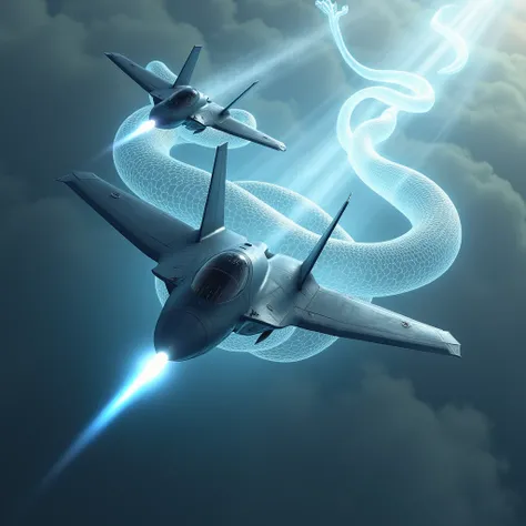 Realistic, theme is "rapid descent", a dogfight between the latest stealth jet fighters, they dive rapidly and prepare for attack, the aircraft is beautifully painted in grey stealth paint, pale blue flames spew out of the jets jet nozzles, a powerful scen...