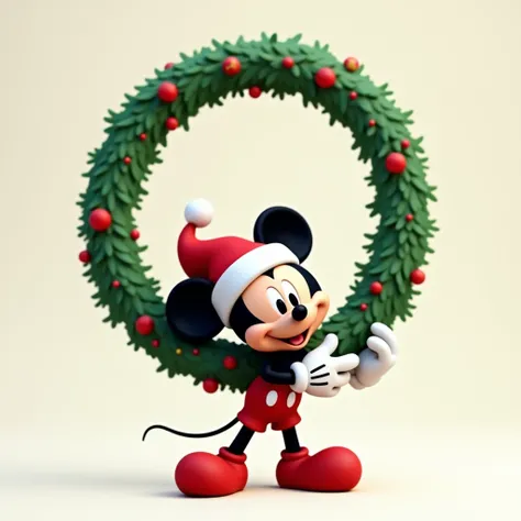 Mikey mouse with a babbo natale christmas hat holding in his ands a big empty christmas wreat in the center of the image.
A neutral background.