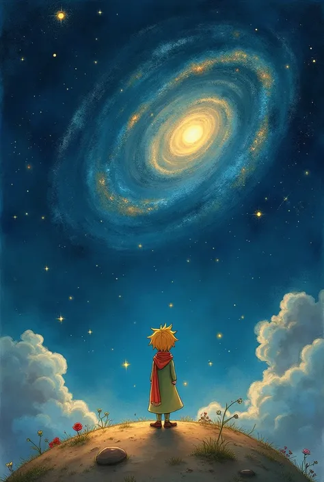 The Little Prince by Antoine de Saint-Exupéry standing on a tiny asteroid, gazing up at a vast cosmic sky filled with twinkling stars, spiral galaxies, and colorful nebulae. The character maintains his iconic golden hair, long scarf, and royal attire, rend...