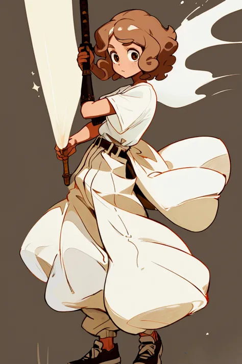 A middle-aged white woman with light brown curls .  Her clothes are a light shirt with short sleeves covered with a white cape with brown details.  Her pants are brown jeans accompanied by black sneakers . On his waist he carries a sword held by the handle...