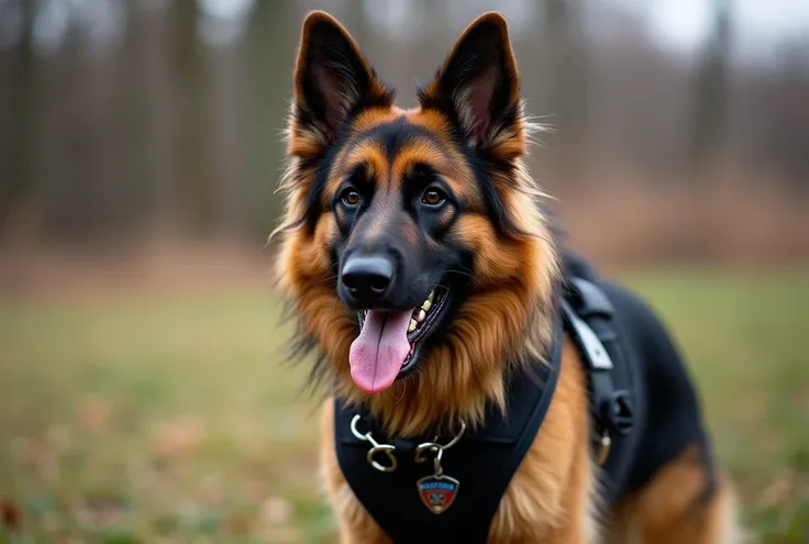 Long haired German shepherd wearing black police dog harness vest, black leather collar, chain collar, badge, drooling saliva, feral, furry, all fours, very body fur, three tone hair, Looking at viewer, Smile, Open Mouth, Very Long Hair, 