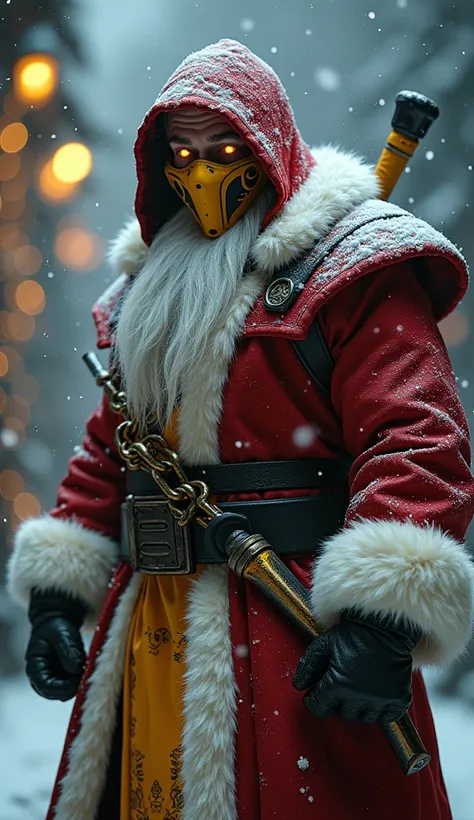 Create an ultra-realistic 8K quality digital artwork of Scorpion from Mortal Kombat fused with Santa Claus’ clothing in a snowy, atmospheric night setting. Scorpion’s armored ninja body remains intact, with his yellow-and-black suit now featuring Santa’s r...