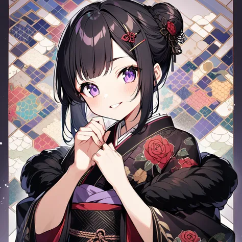  1 girl ,  black hair、 bun hair, kimono　black
lace pattern hairpin,  purple eyes,  smiles, Rose