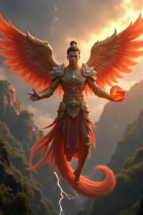 Full body wide shot, Phoenix Man has a face of a Thai man, very handsome, hair is a phoenix feather, flying across the magical forest, He has 5 fingers inspired by the 5 eagles claws (holding a red glowing crystal ball) He has 5 toes inspired by the 5 eagl...