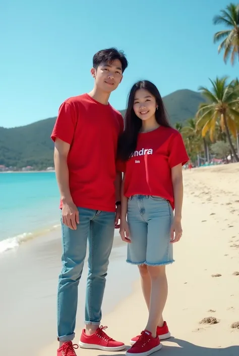 a photo of a Korean man with short hair and a Korean woman with long hair, they are wearing red t-shirt, wearing short jeans, wearing red sneakers, they are on holiday on a beach, they are standing on the sand of the beach, their bodies are facing forward,...