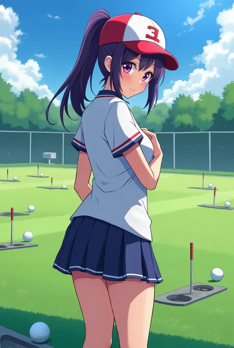 Japanese animation style、High school girl、Baseball uniform 、 Baseball Cap 、driving range、Dark Purple Long Hair、single ponytail、 purple pupils、 full breasts 、From Taiwan