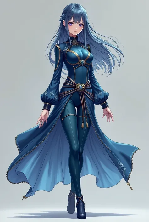 Draw a anime girl with costume is made from lightweight and flexible materials, allowing you to move with incredible agility and flexibility. The design is simple yet effective, consisting of a form-fitting bodysuit in a deep blue hue, accented by a flowin...