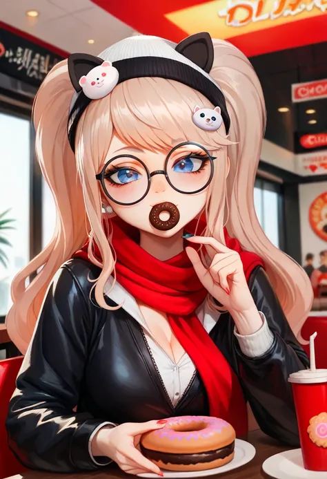 there is a sexy and alluring cute young teen woman that is eating a doughnut in a restaurant, wearing small round glasses, wearing thin large round glasses, cute and adorable white fluffy beanie, red scarf, girl wearing round glasses, thick round spectacle...