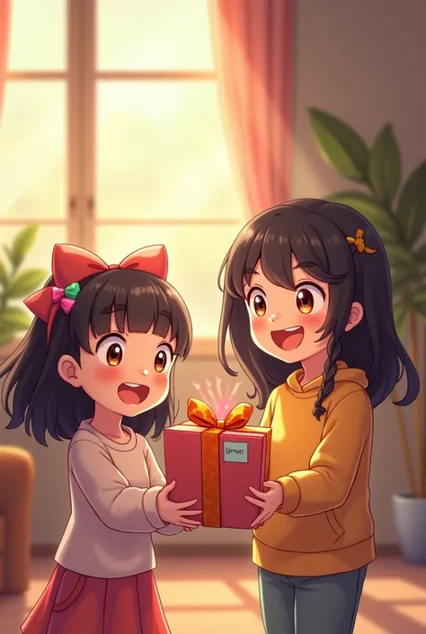 A fun girls give present to his friend 