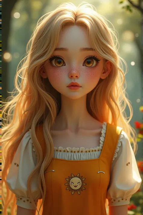  Make me a 17-year-old girl with long golden-colored hair , dirty nose ,, with amber eyes ,   warm-toned skin .  Her dress has a day motif on her red and orange chest,  fantasy man princess  