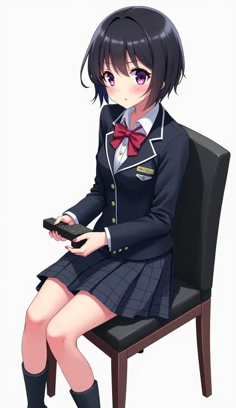 An anime-style illustration of a woman with short black hair and purple eyes and teenage pink nails sitting on a black leather dining chair and backrest with wooden legs. She wears a school uniform that includes a dark jacket and a kilt .,  while holding a...