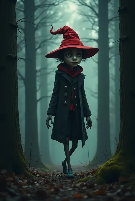 A mysterious being with only one leg ,  wearing a red hat,  walking among tall trees in the forest .  He has a mischievous and mysterious look .  The background shows a dark forest scenery, with little light