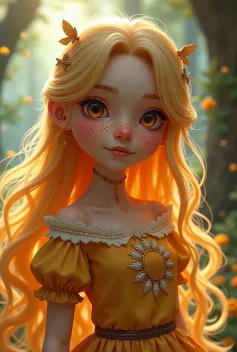  Make me a 17-year-old girl with long golden-colored hair , dirty nose ,, with amber eyes ,   warm-toned skin .  Her dress has a day motif on her red and orange chest,  fantasy man princess  