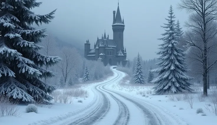 Snowy road leading to a big dark castle 