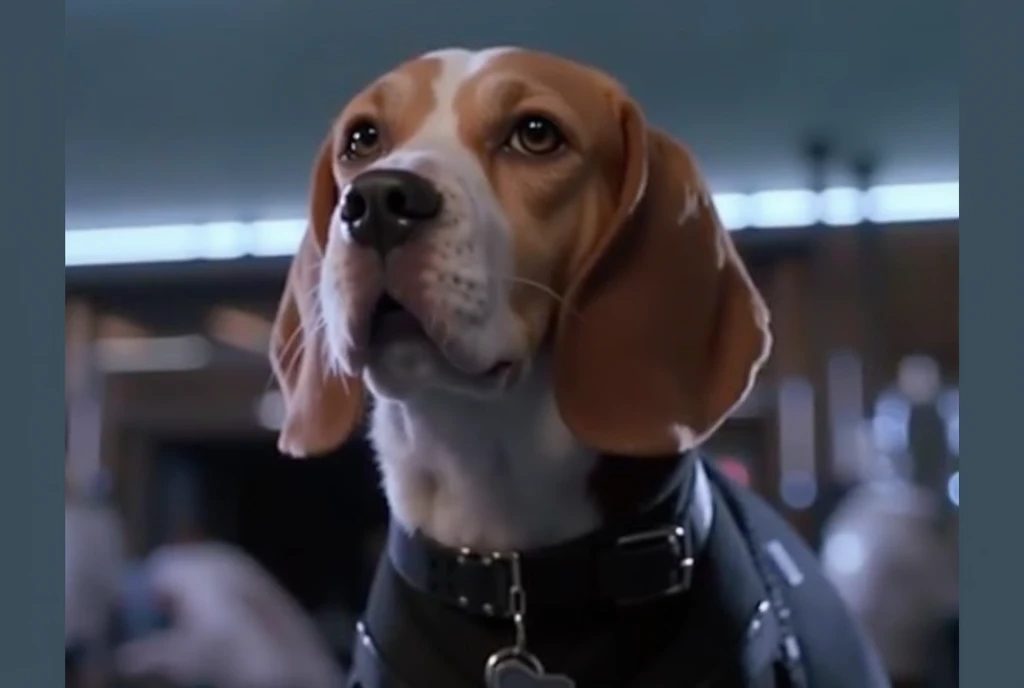 A scent hound wearing black airport dog sheet, black leather collar, chain collar, badge, drooling saliva, feral, , Looking at viewer, Smile, Open Mouth, Very Long Hair, 