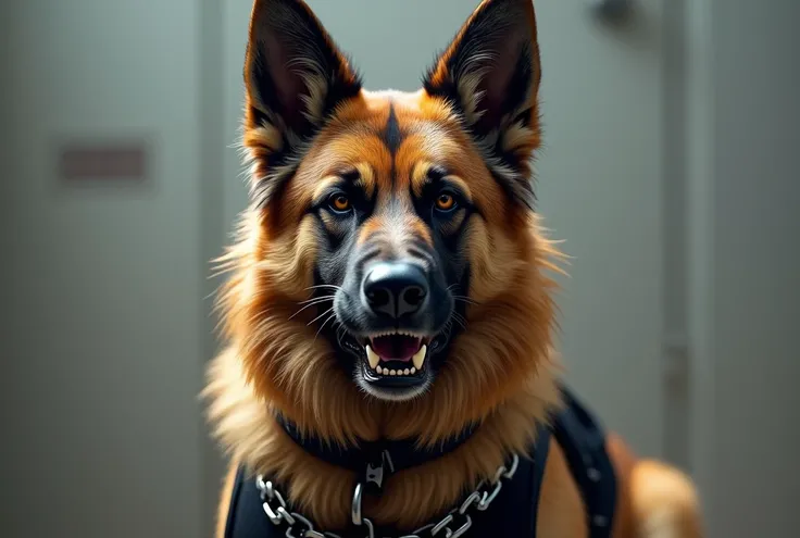 A Long haired german shepherd wearing black airport dog sheet, black leather collar, chain collar, badge, drooling saliva, feral, , Looking at viewer, Smile, Open Mouth, Very Long Hair, 