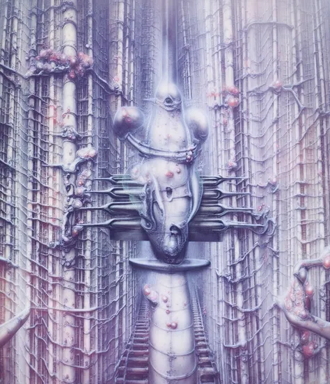 gigerart, a piece of art by HR Giger. Create biomechanical tableau in h r gigers style. It is called /“ biomechanical landscape no 312 /”  by H. R. Giger  Can you please draw a pencil sketch on antique plot that depicts curse of Solomea in unmaskable Giger...