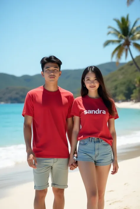 a photo of a Korean man with short hair and a Korean woman with long hair, they are wearing red t-shirt, wearing short jeans, wearing red sneakers, they are on holiday on a beach, they are standing on the sand of the beach, their bodies are facing forward,...