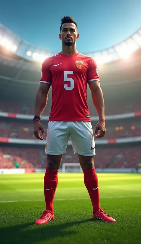 Create an image of a professional male footballer, mid-20s to early 30s, with a strong, athletic build and medium brown skin. He has short black hair styled neatly, intense brown eyes, and a determined expression. The footballer is wearing a vibrant red an...