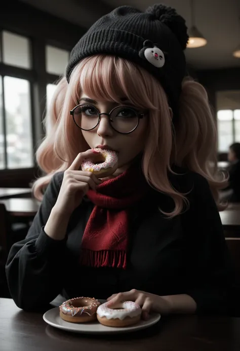 there is a woman that is eating a doughnut in a restaurant, wearing small round glasses, wearing thin large round glasses, cute and adorable white fluffy beanie, red scarf, girl wearing round glasses, thick round spectacles, with square glasses, ulzzang, w...