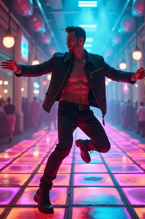 A handsome guy is dancing on colored squares