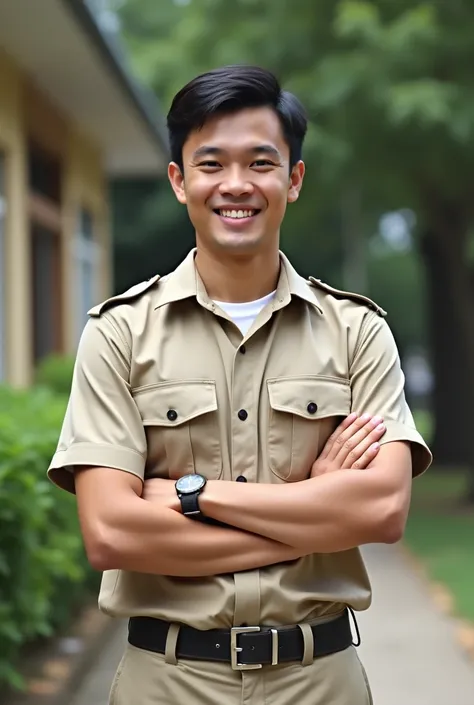 Create a virtual photo of a handsome Thai man, about 25 years old, with black hair, wearing khaki in the morning, standing in front of the school. He stands straight with his arms around his chest and smiles for the camera.