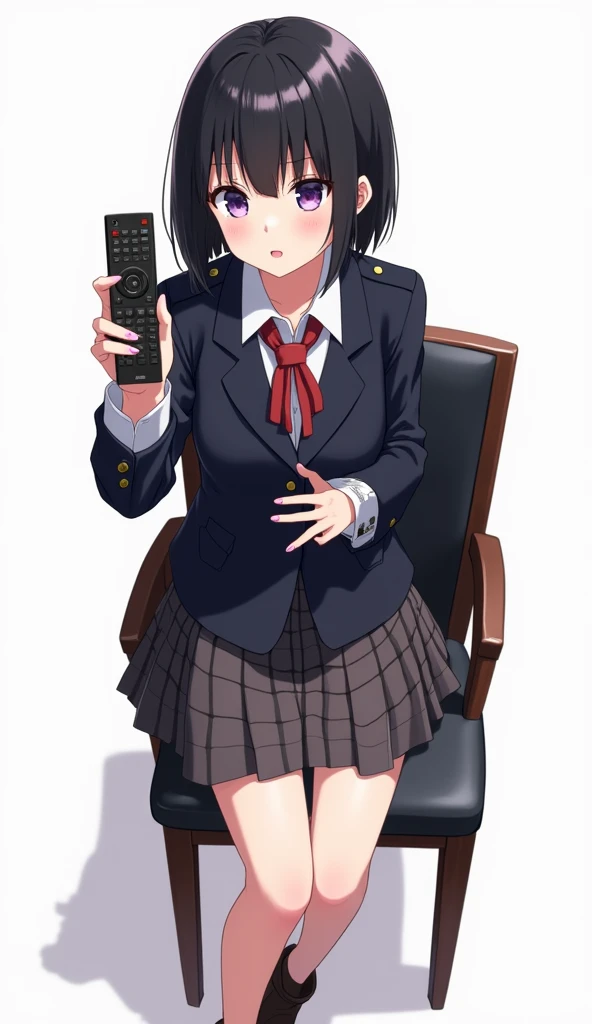 An anime-style illustration of a woman with short black hair and purple eyes and teenage pink nails sitting on a black leather dining chair and backrest with wooden legs. She wears a school uniform that includes a dark jacket and a kilt ., while holding a ...