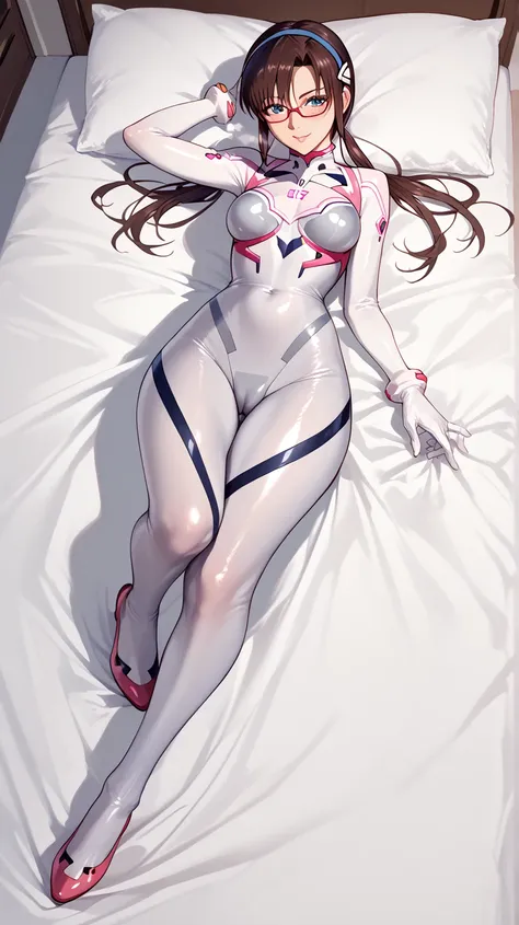 full body pirot suit skin tight　 bed　     invited position 　  　 open thighs　 　　　M-shaped legs　                      
   ecstatic expression　
Makinami Mari Illustrious glasses