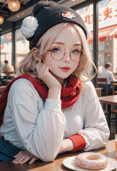 there is a sexy and alluring adorably cute woman that is holding a doughnut in a restaurant, wearing small round glasses, wearing thin large round glasses, cute and adorable white fluffy beanie, red scarf, girl wearing round glasses, thick round spectacles...