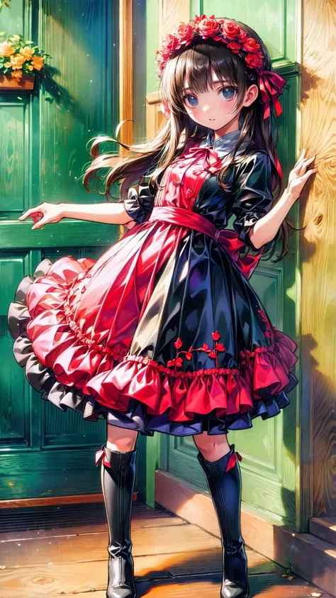   anime style  、story、、 cute女の子 、とてもcute天使、   pink gothic dress standing in front of the front door 、cute、baby face、smile、   Long Skirt  、   black boots  、Very cute headband
