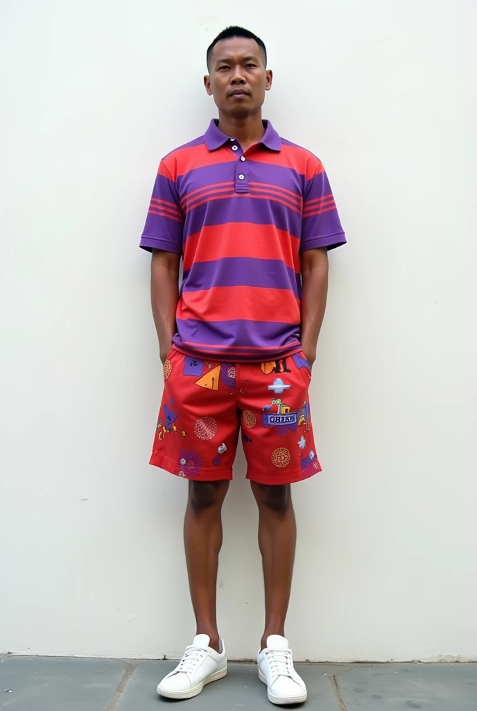 Realistic 4D image. 40 year old Indonesian man. His body is thin and his body is small. His haircut is thin, Wearing a striped polo shirt with a combination of red and purple colors. Wearing red shorts with abstract motifs, wearing white sneakers. Standing...