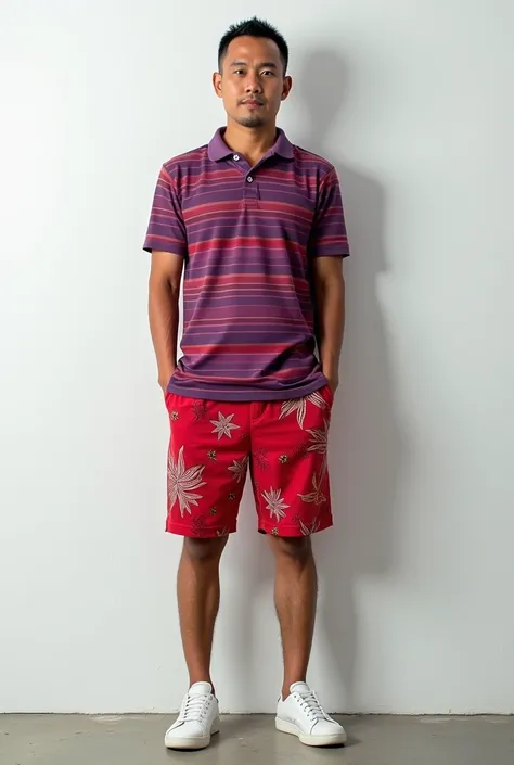 Realistic 4D image. 40 year old Indonesian man. His body is thin and his body is short. His haircut is thin, Wearing a striped polo shirt with a combination of red and purple colors. Wearing red shorts with abstract motifs, wearing white sneakers. Standing...