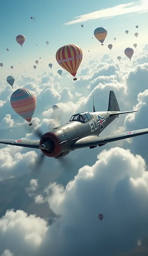 World War 2 fighter flying around balloons. above the clouds