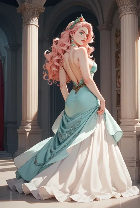 Light pink wavy hair, cyan fierce eyes, ancient devil goddess anime, wearing white flowy chiton dress, full body, back turned around