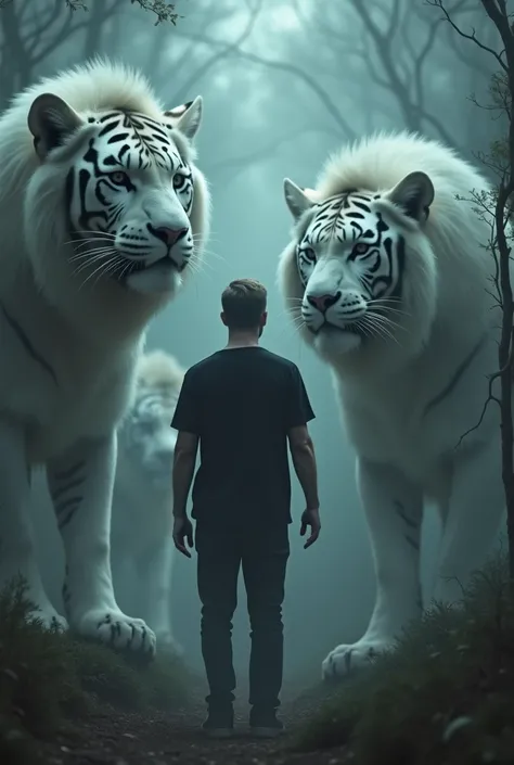 Man in black t-shirt watches walking in haunted spot in the company of tall lions and tall white tigers