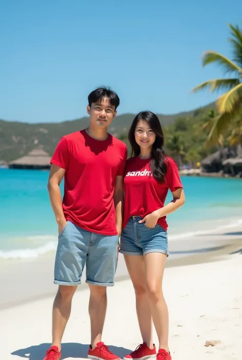 a photo of a Korean man with short hair and a Korean woman with long hair, they are wearing red t-shirt, wearing short jeans, wearing red sneakers, they are on holiday on a beach, they are standing on the sand of the beach, their bodies are facing forward,...