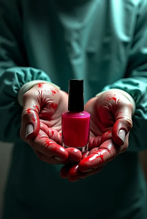 bloody surgeon gloves and a bottle of nail polish