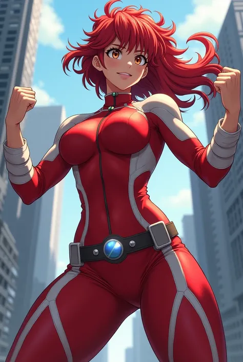  My Hero Academia Style ,   anime girl , woman, young woman ,  full body shot ,( Fighting Stance :1.3),Long Hair, Red Hair,   Brown Eyes , hero suit, Full Body Suit,  red suit with white details, perfect anatomy,  enhanced abs , super detailed,(building:1....