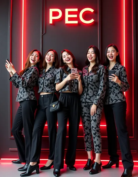 5 beautiful Korean girls, 25 years old, slightly fat, wearing short Javanese batik dresses in black and silver, bags, watches, and black shoes, standing posing like ootd models, while laughing happily, very excited, laughing excitedly, some holding cellpho...