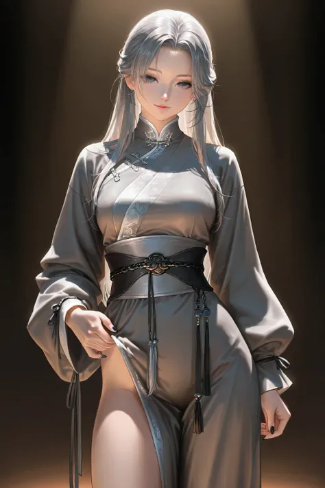 seductive_smile, grey hair ,grey hanfu, medium breasts, long hair, masterpiece, best quality, realistic, 8k, official art, cinematic light, ultra high res, perfect female body, sharp focus, guofeng, 1girl, solo, chinese clothes, realistic, nail polish, sta...