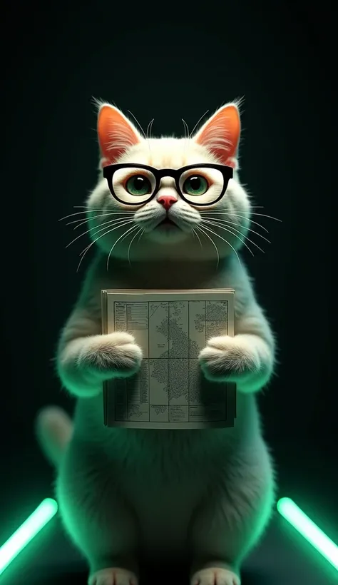 A cat wearing oversized glasses, confidently holding a strategy map like a business analyst, standing against a solid black background with subtle green neon lighting accents.