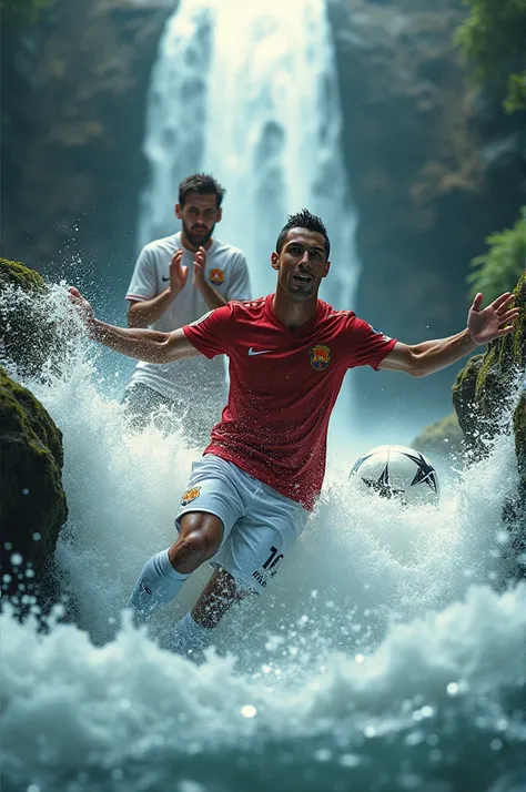 Christiano Ronaldo sliding on waterfall, Closeup. Lionel Messi clapping behind. 
